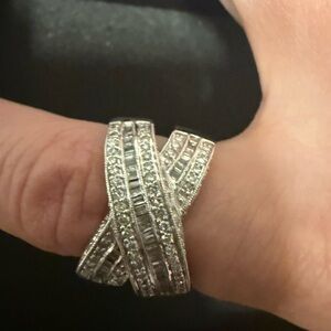 14k solid white gold Cross over ring  natural D color diamonds and baguettes